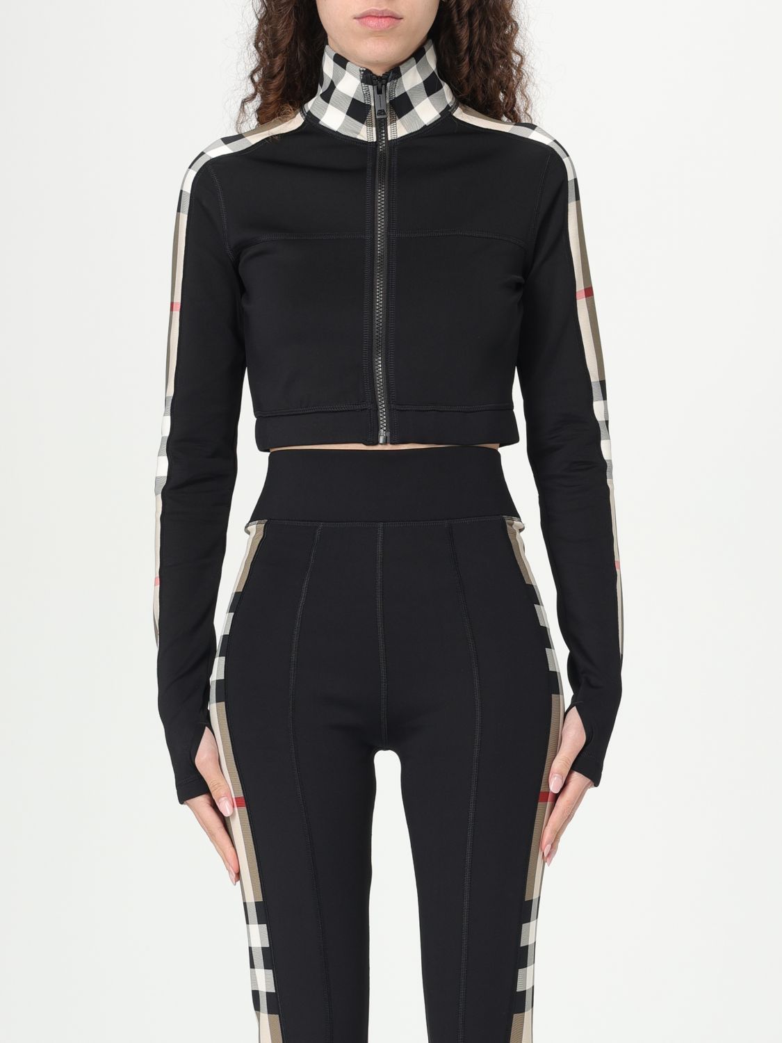 Burberry Check Panel Stretch Jersey Cropped Top In Black