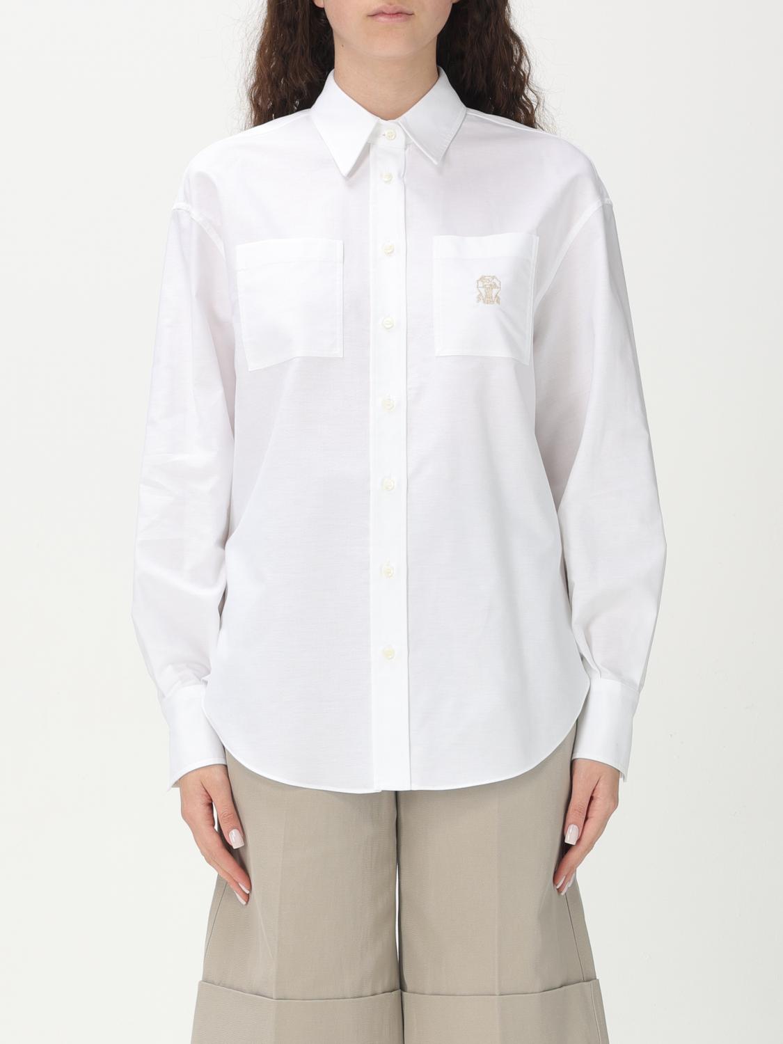 Brunello Cucinelli White Shirt With Classic Collar And Embroidered Logo On The Chest In Cotton Woman In Weiss
