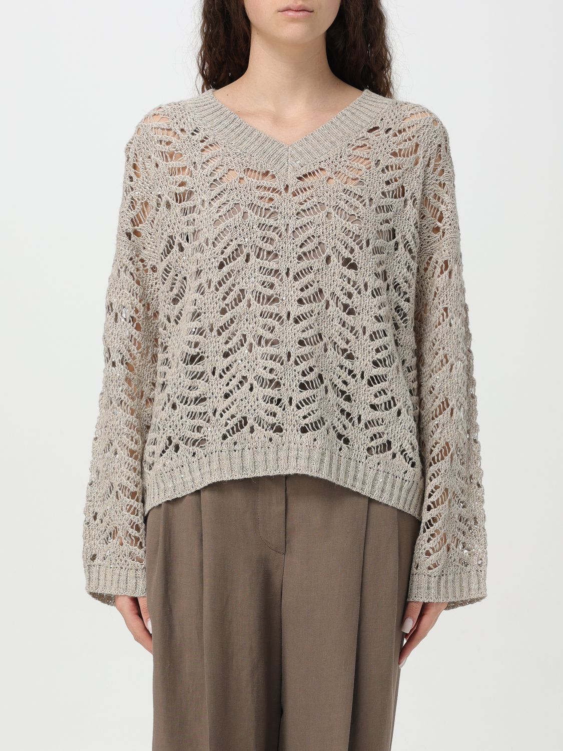 Brunello Cucinelli Beige Sweater With V Neck And Perforated Details In Linen Blend Woman In Beige