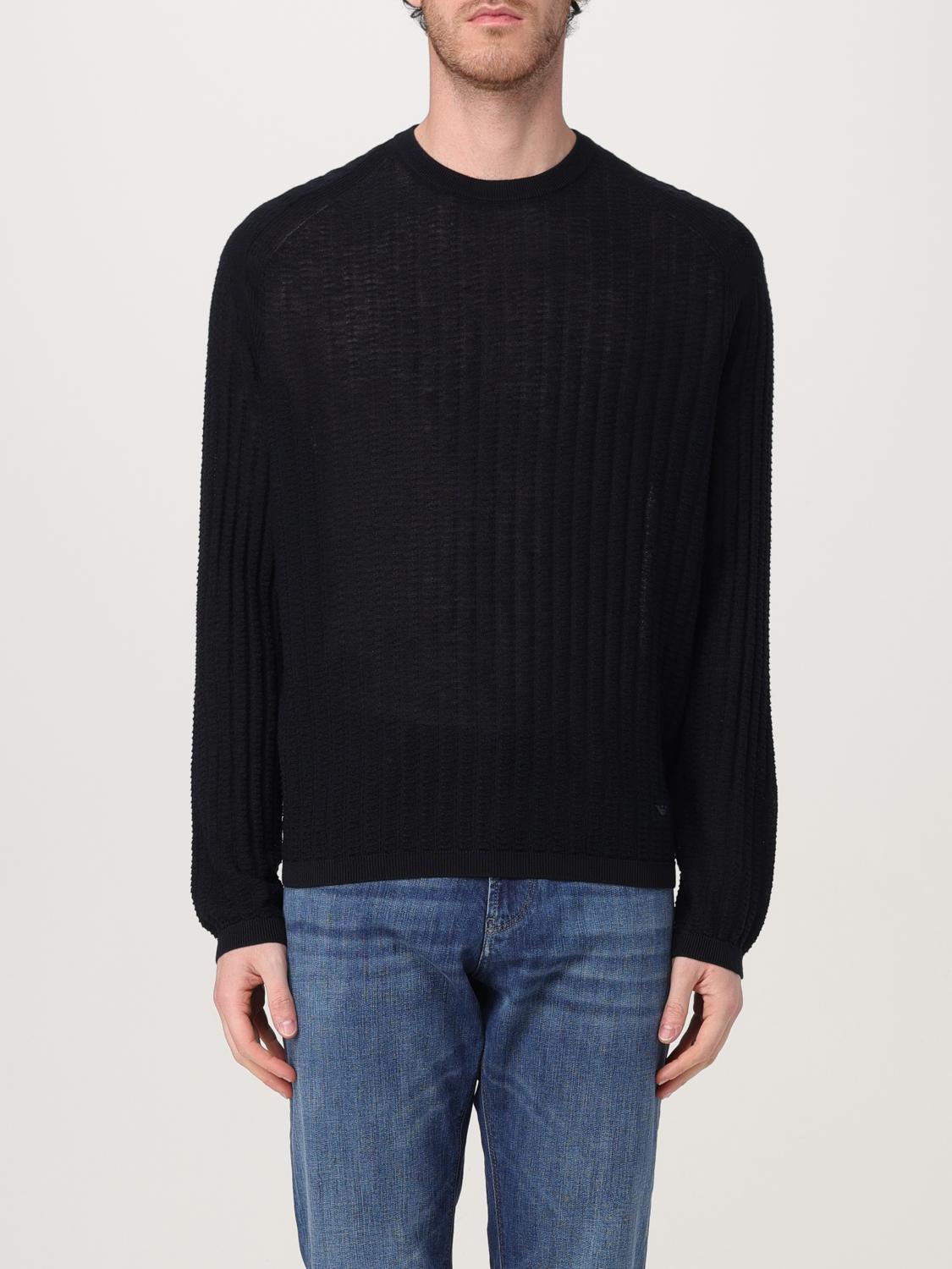 Emporio Armani Textured Blue Crewneck Sweater With Modern Wave Pattern In Blue