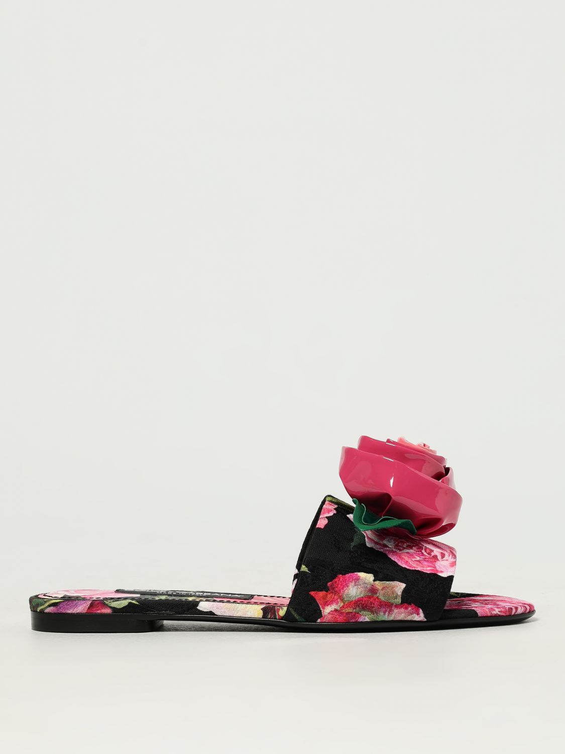 Dolce & Gabbana Rose Embellished Printed Flat Sandals