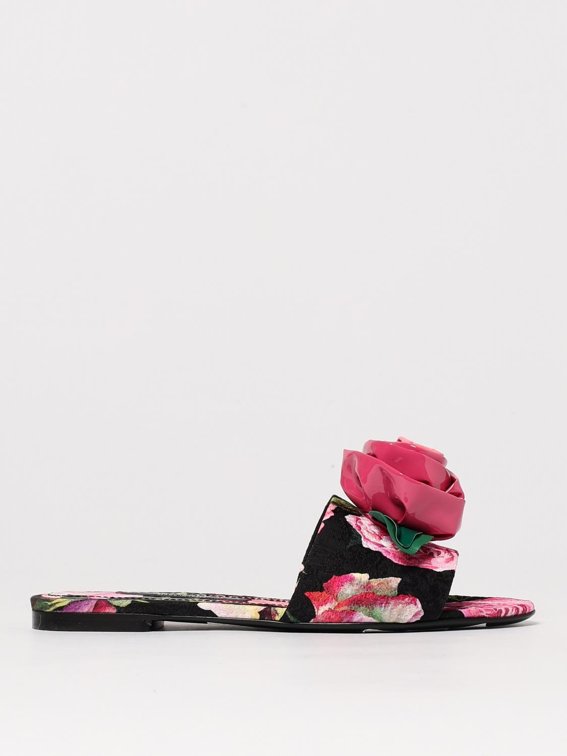 Dolce & Gabbana Rose Embellished Printed Flat Sandals In Pink