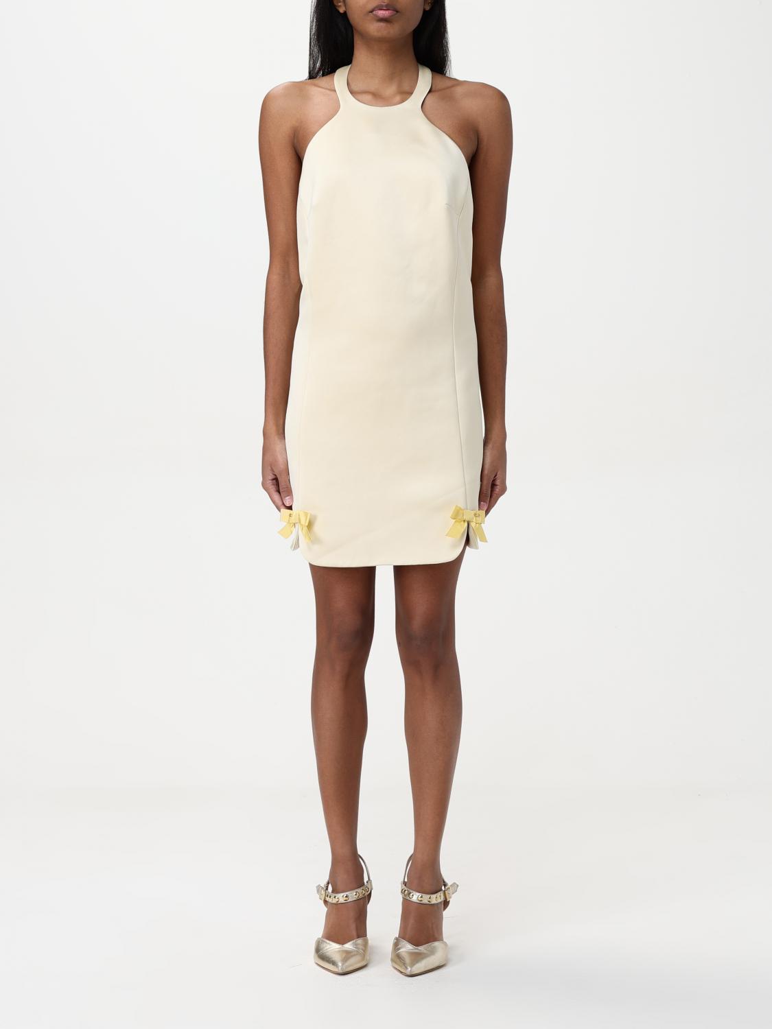Elisabetta Franchi Dress In Duchess Satin With Satin Bows In Yellow