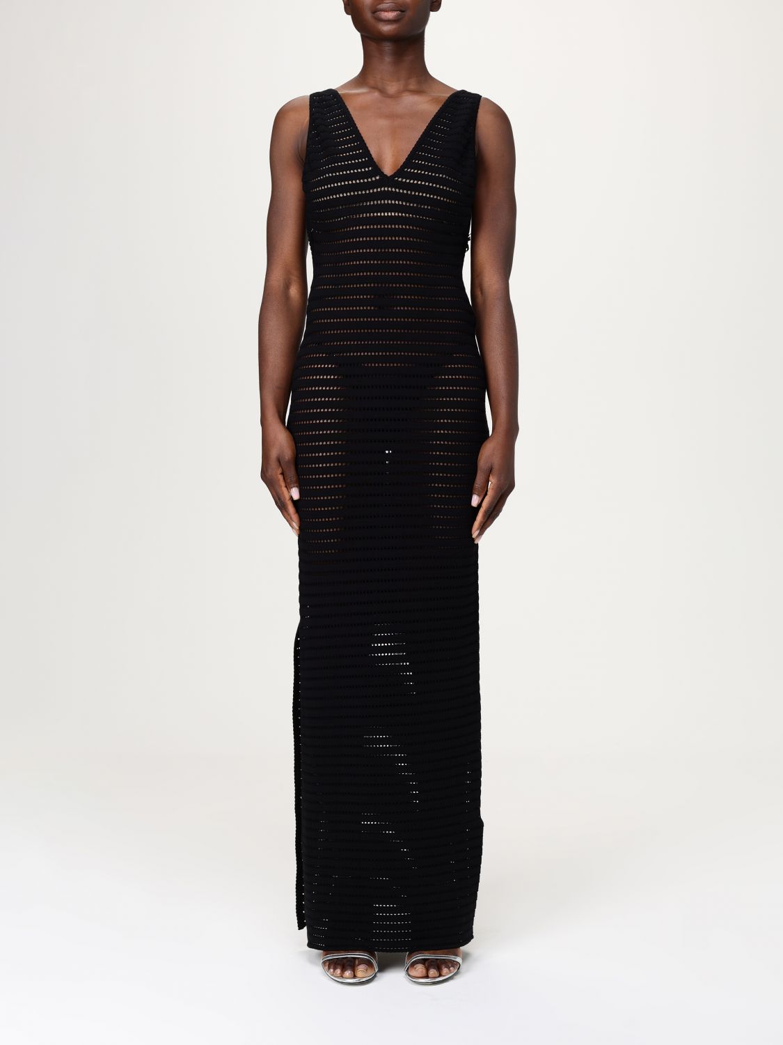 Elisabetta Franchi Form-fitting Black Maxi Dress With Deep V-neckline In Black