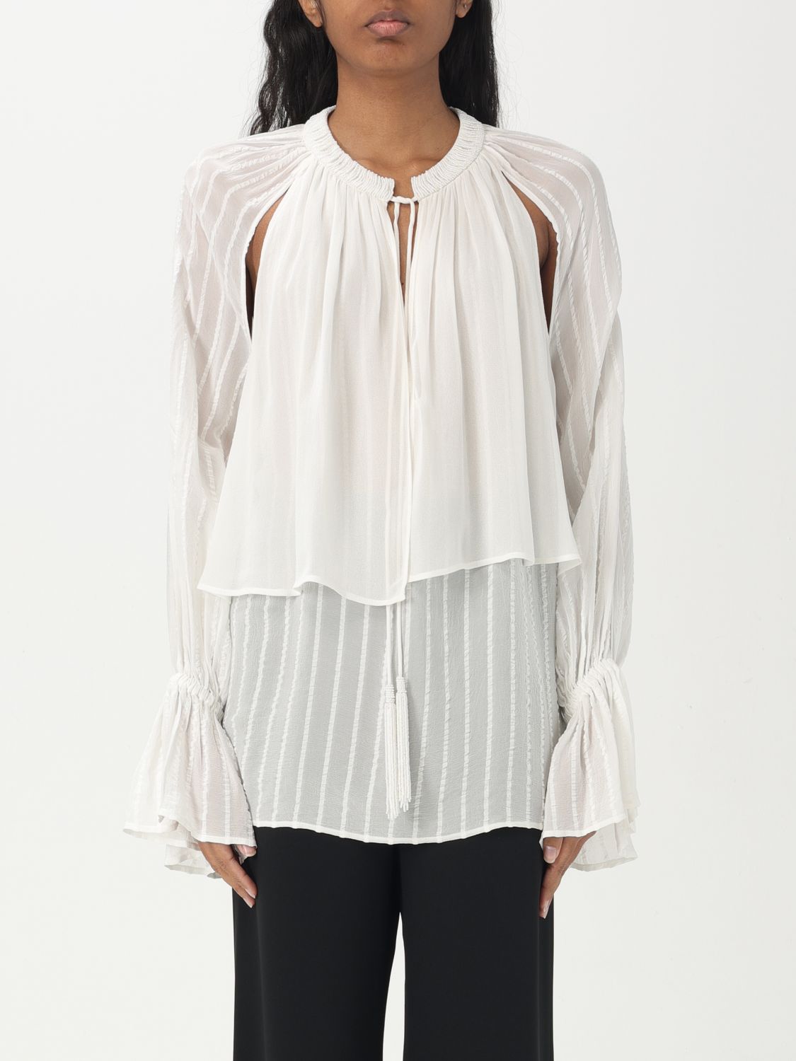 Pinko Layered Sheer Fabric Top With Tassel Detail In White