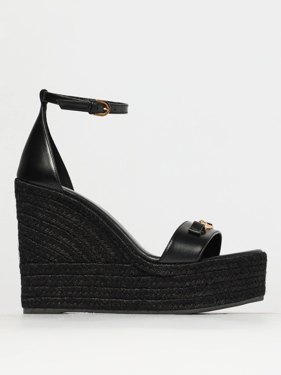 Versace Black Wedges With High Heel And Medusa Detail On The Front In Leather Woman In Black
