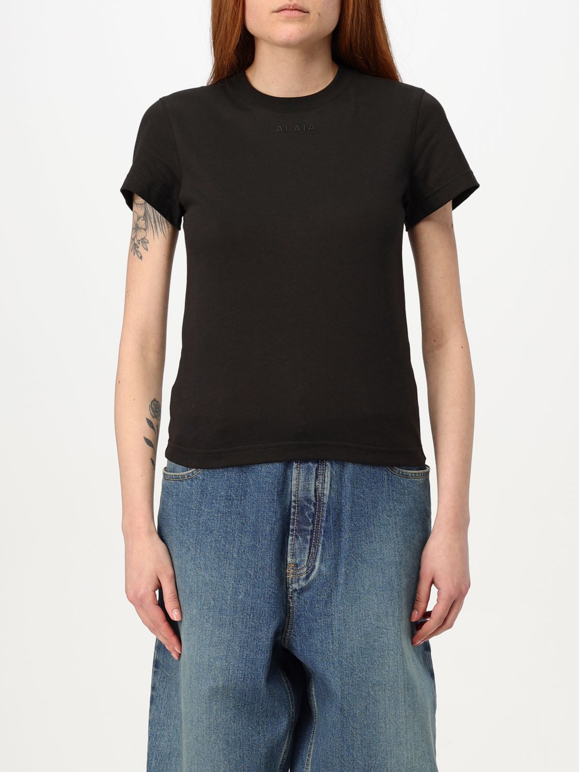 Alaïa Black Cotton T-shirt With Logo In Black