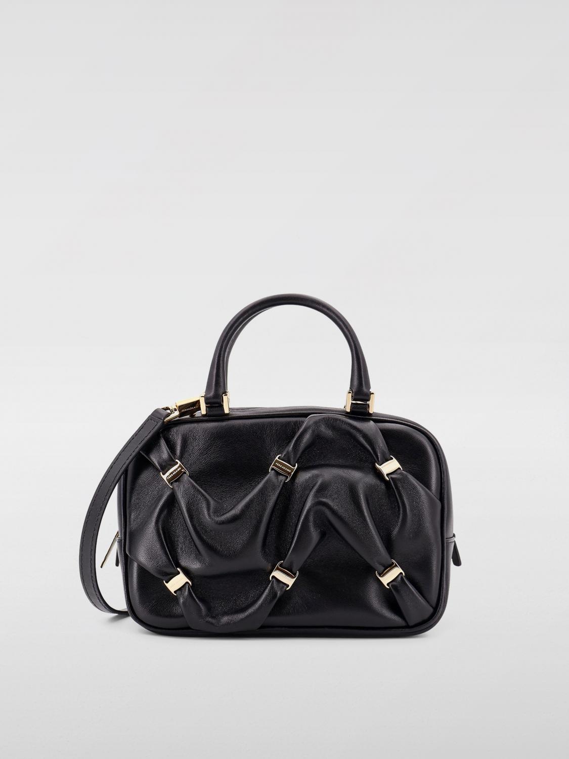 Ferragamo Leather Handbag With Draped Details Secured By Mini Vara Bows In Black