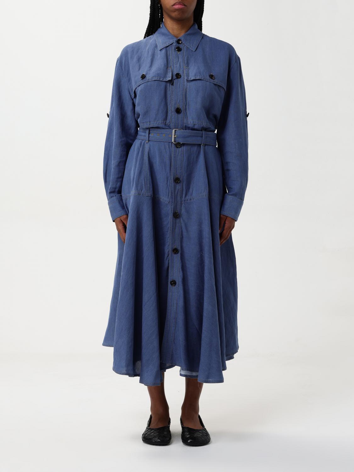 Bottega Veneta Viscose Midi Dress Flared Skirt In Blau