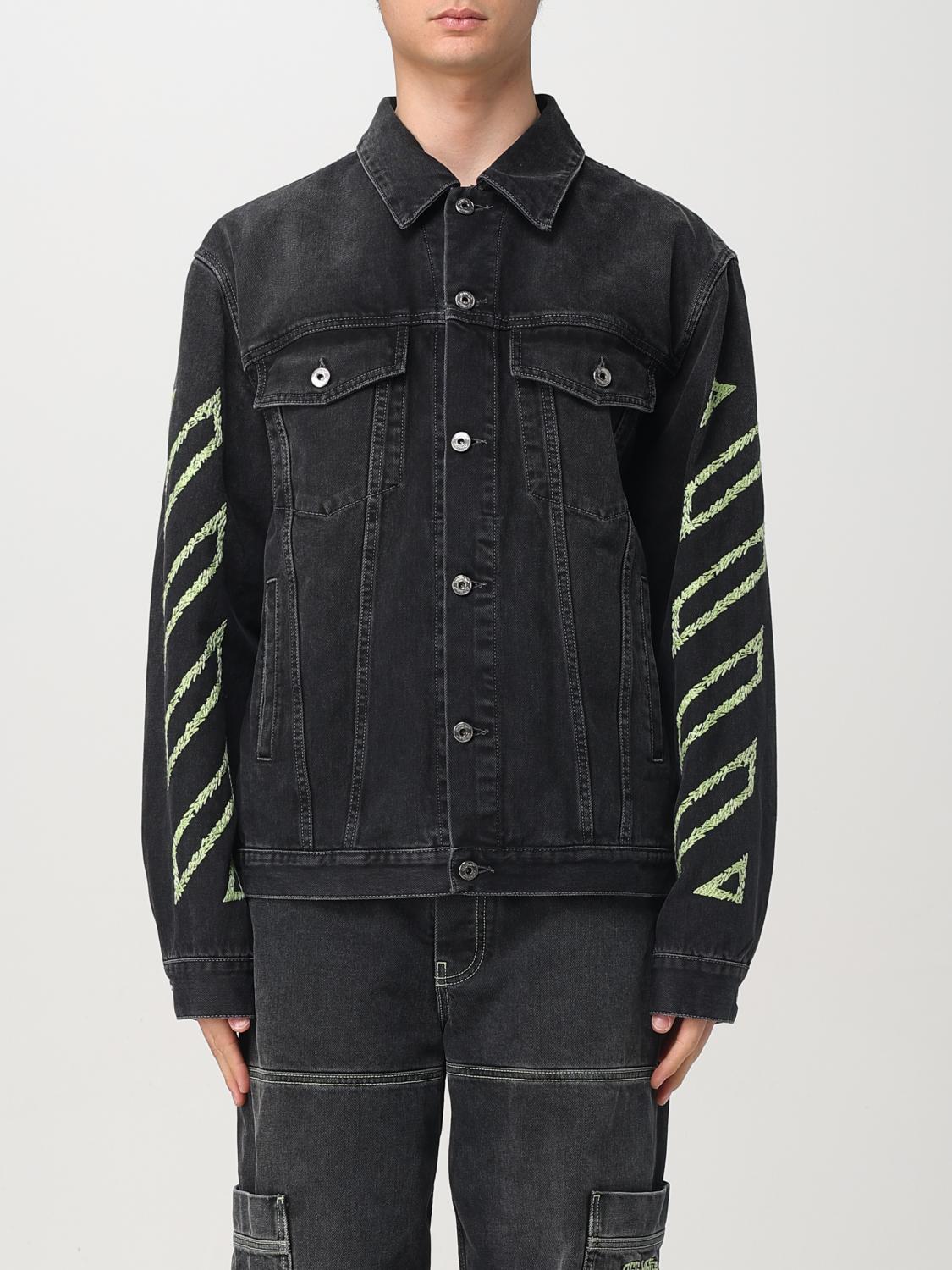 Off-white Diagonal Arrow Outline Embroidered Denim Skate Jacket In Black