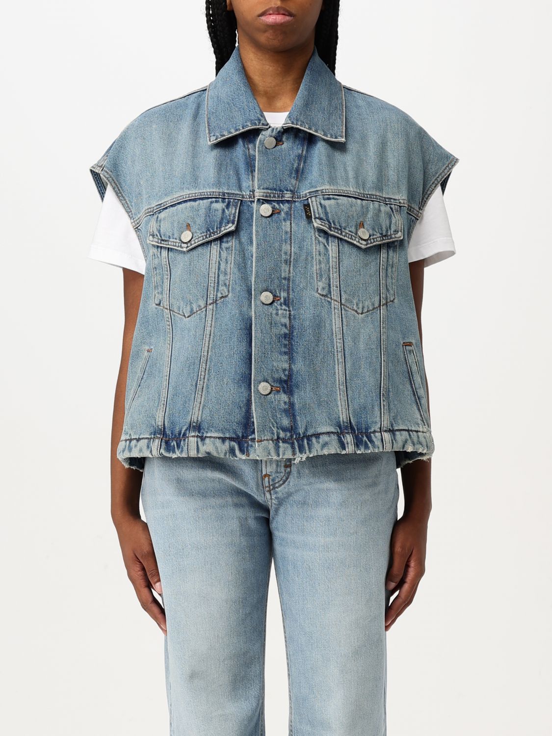 Haikure Boxy Denim Gilet With Pointed Collar In Blue