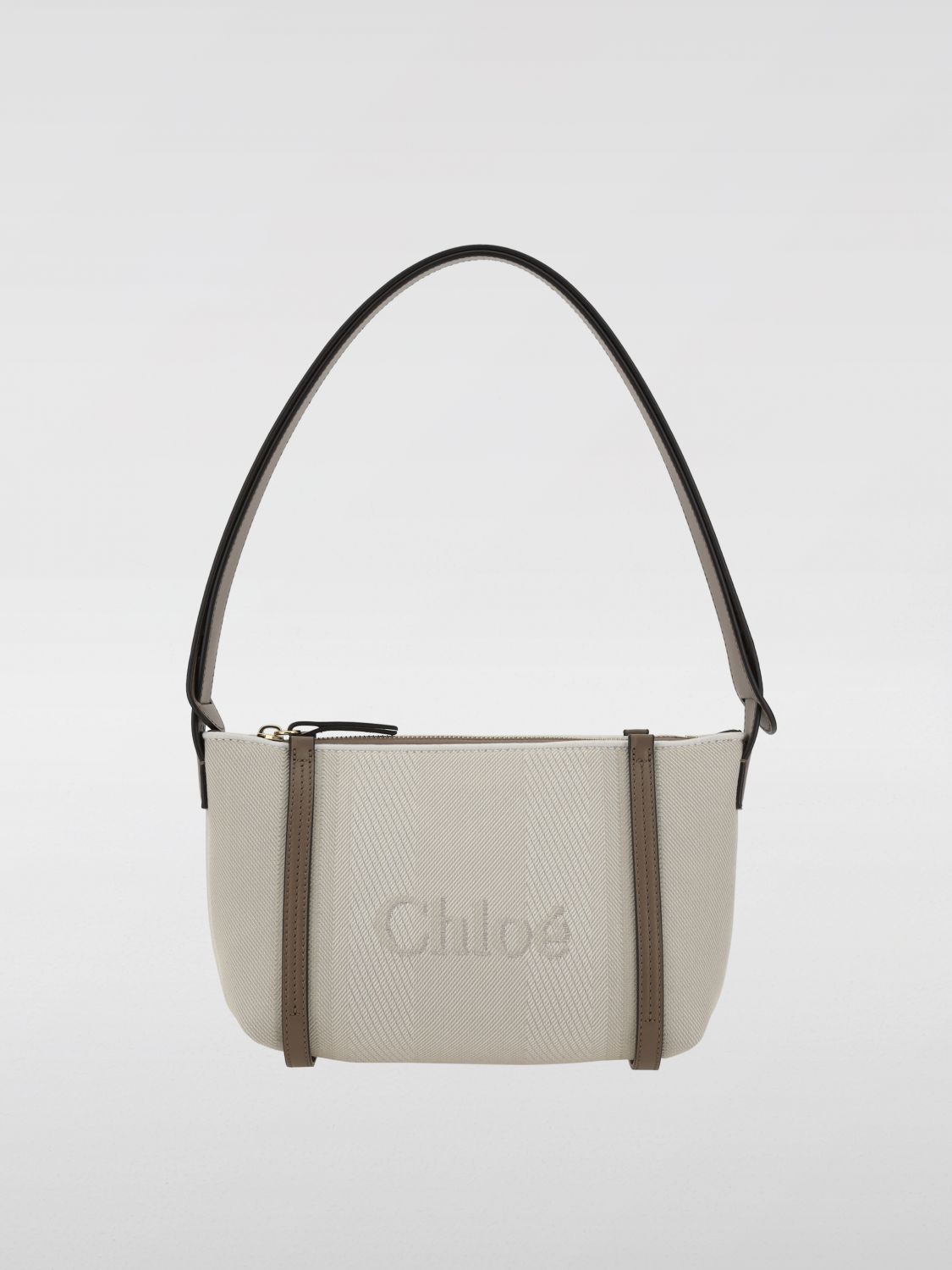 Chloé Monogram Jacquard Shoulder Bag With Leather Trim In Beige