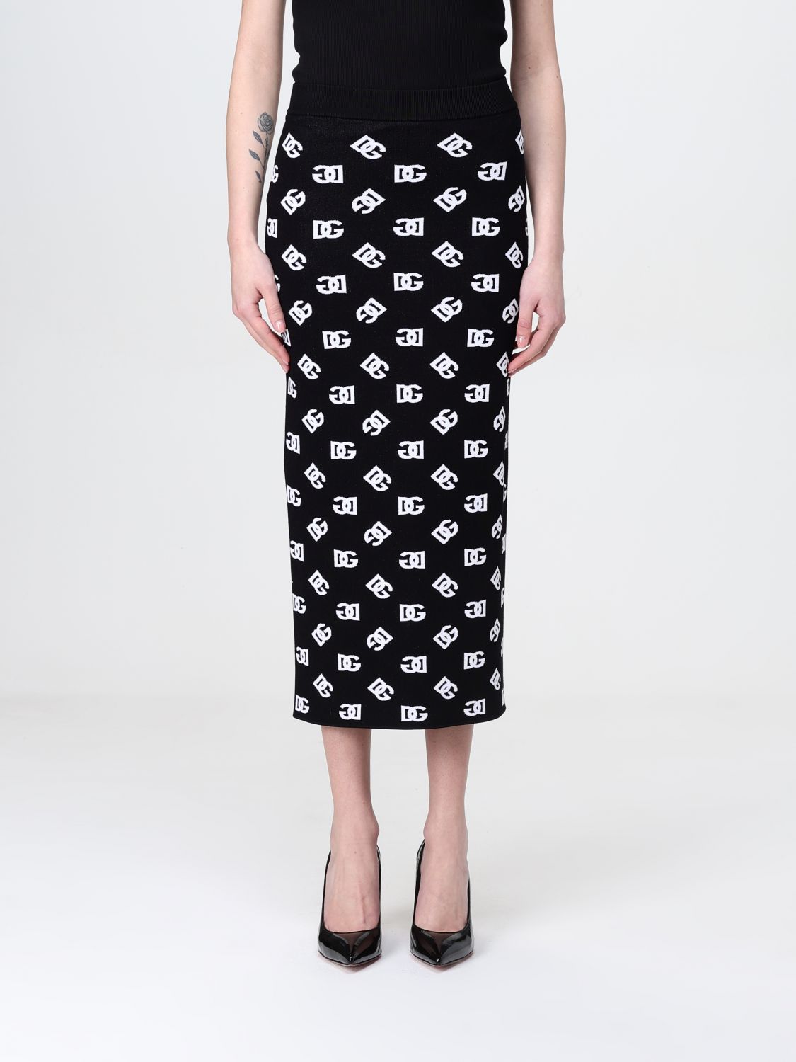 Dolce & Gabbana Chic Black Mambo Midi Skirt With White Pots In White