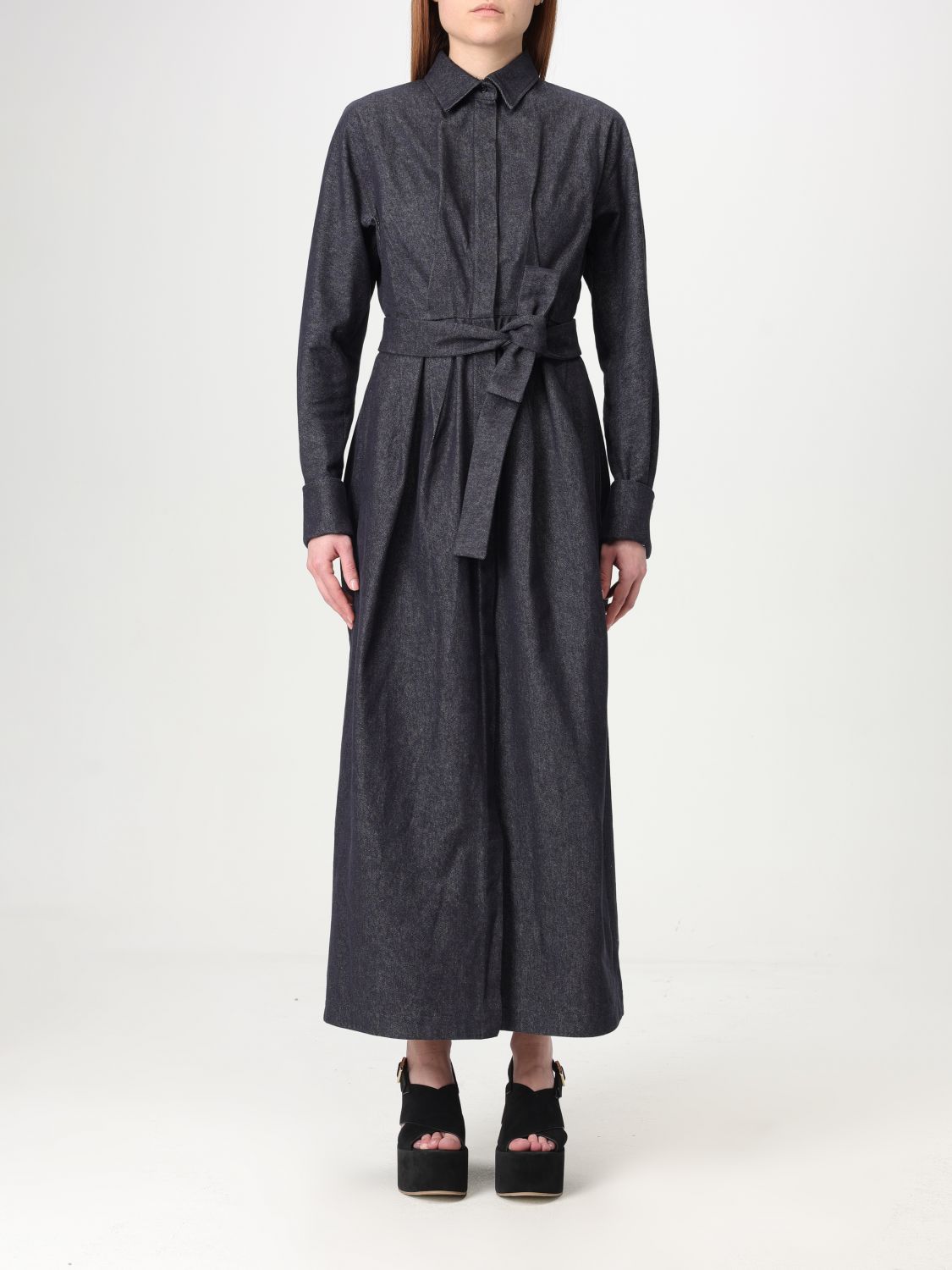 Max Mara Go Belted Waist Midi Dress With Long Sleeves In Blue