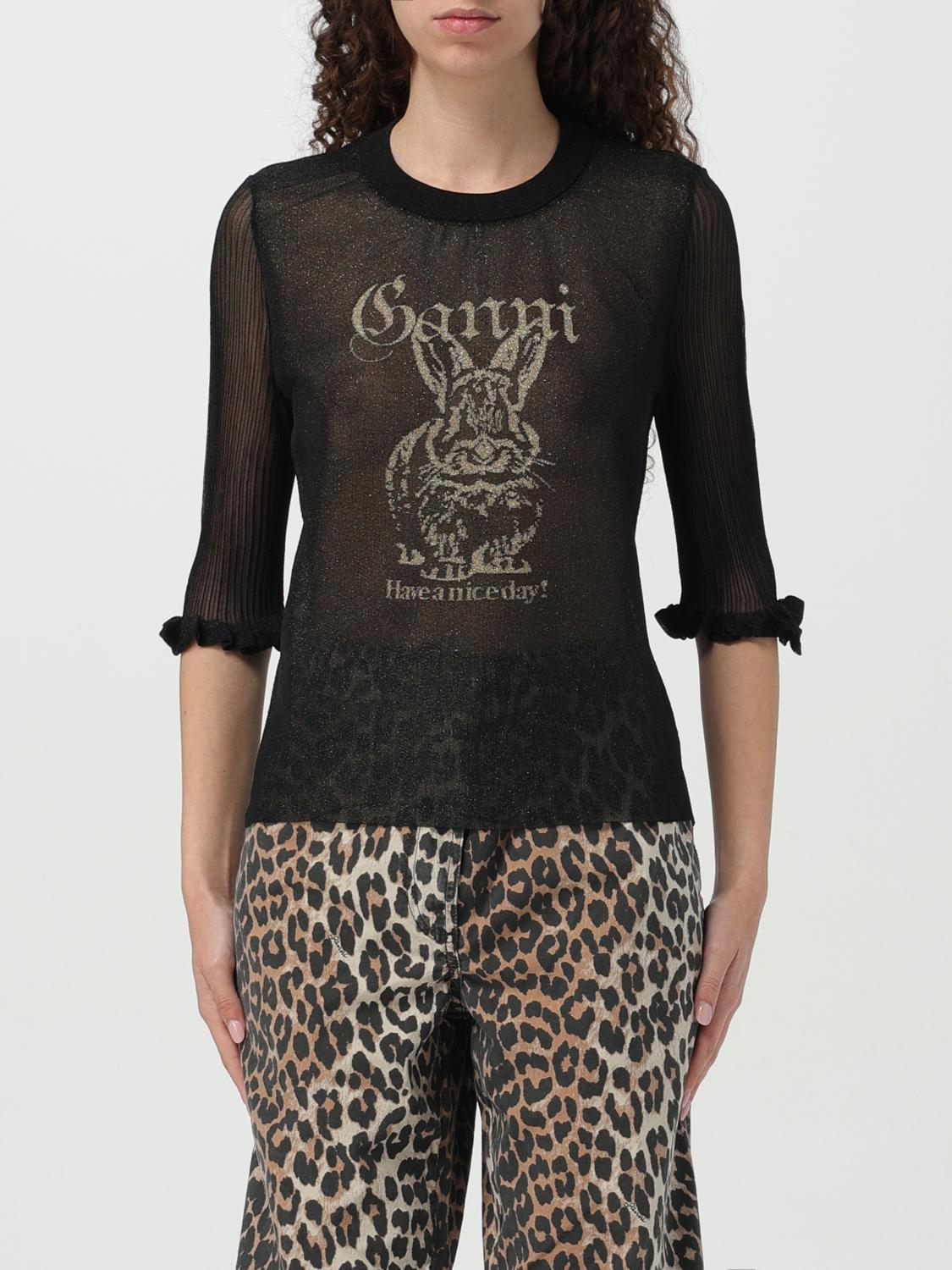 Ganni Transparent Jacquard Top With Playful Graphic In Black