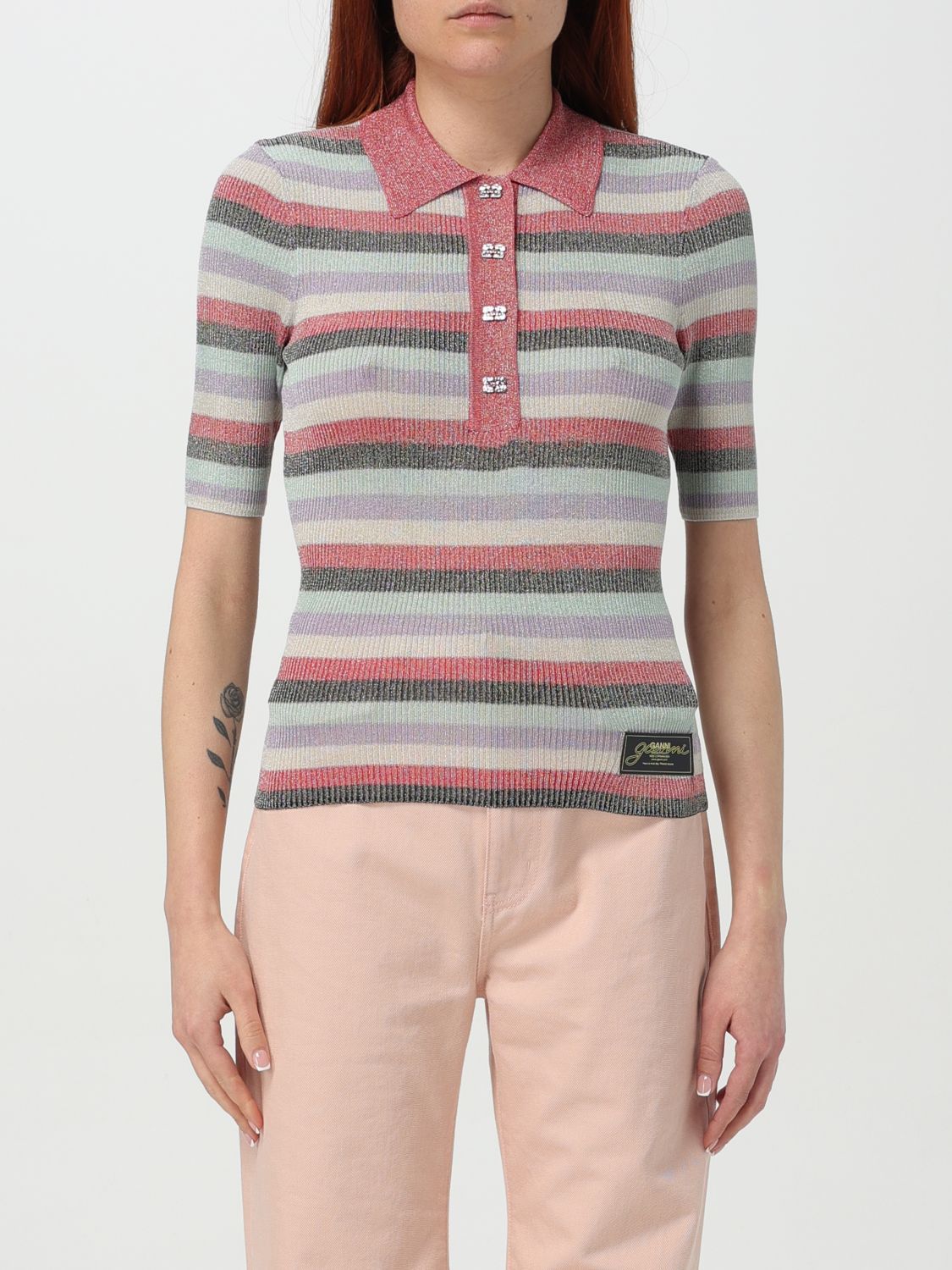 Ganni Womens Multicolour Sparkle-rib Short-sleeve Knitted Polo Shirt In Multicolor
