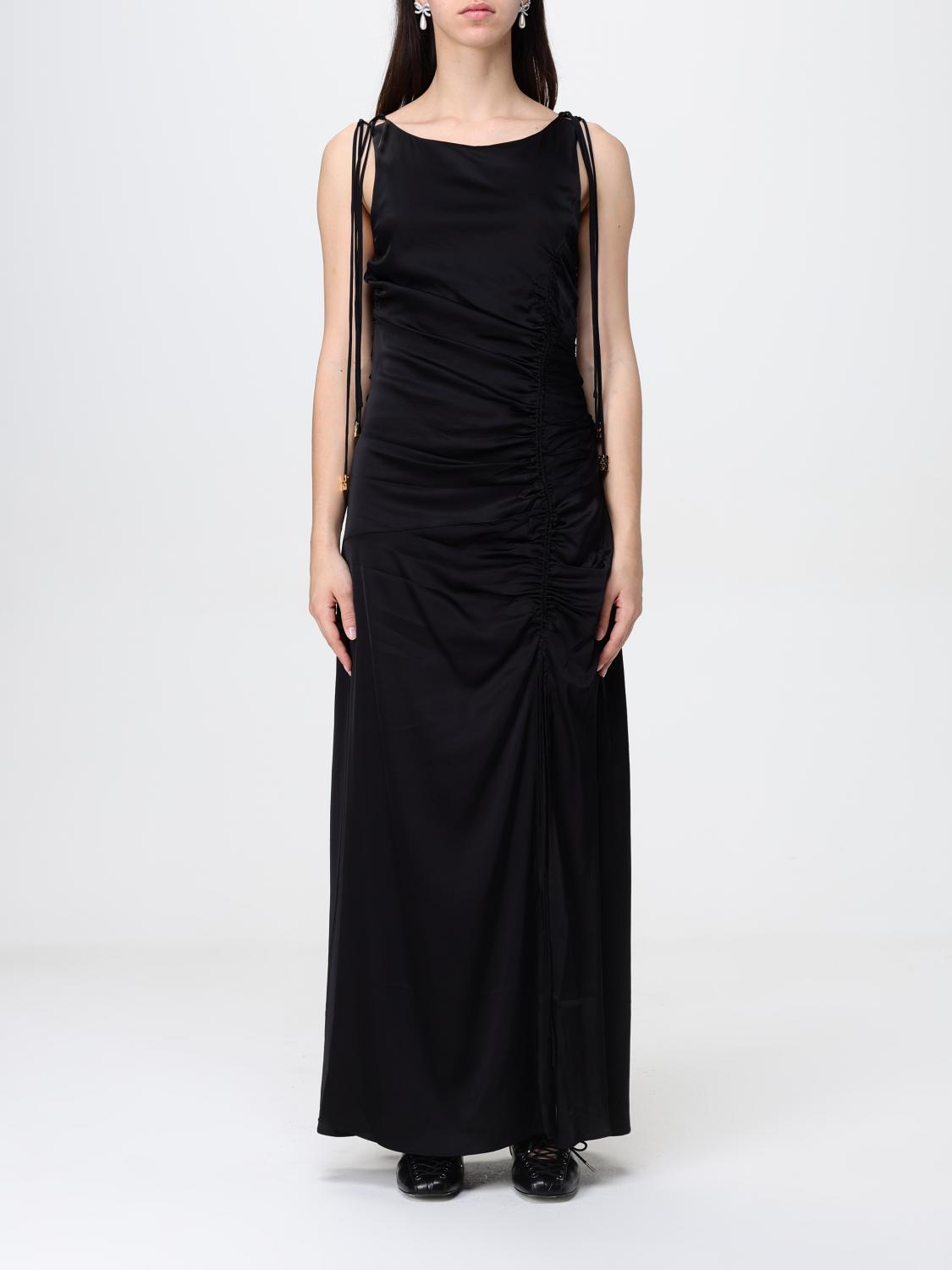 Ganni Satin Gathered Dress Woman Black In Schwarz