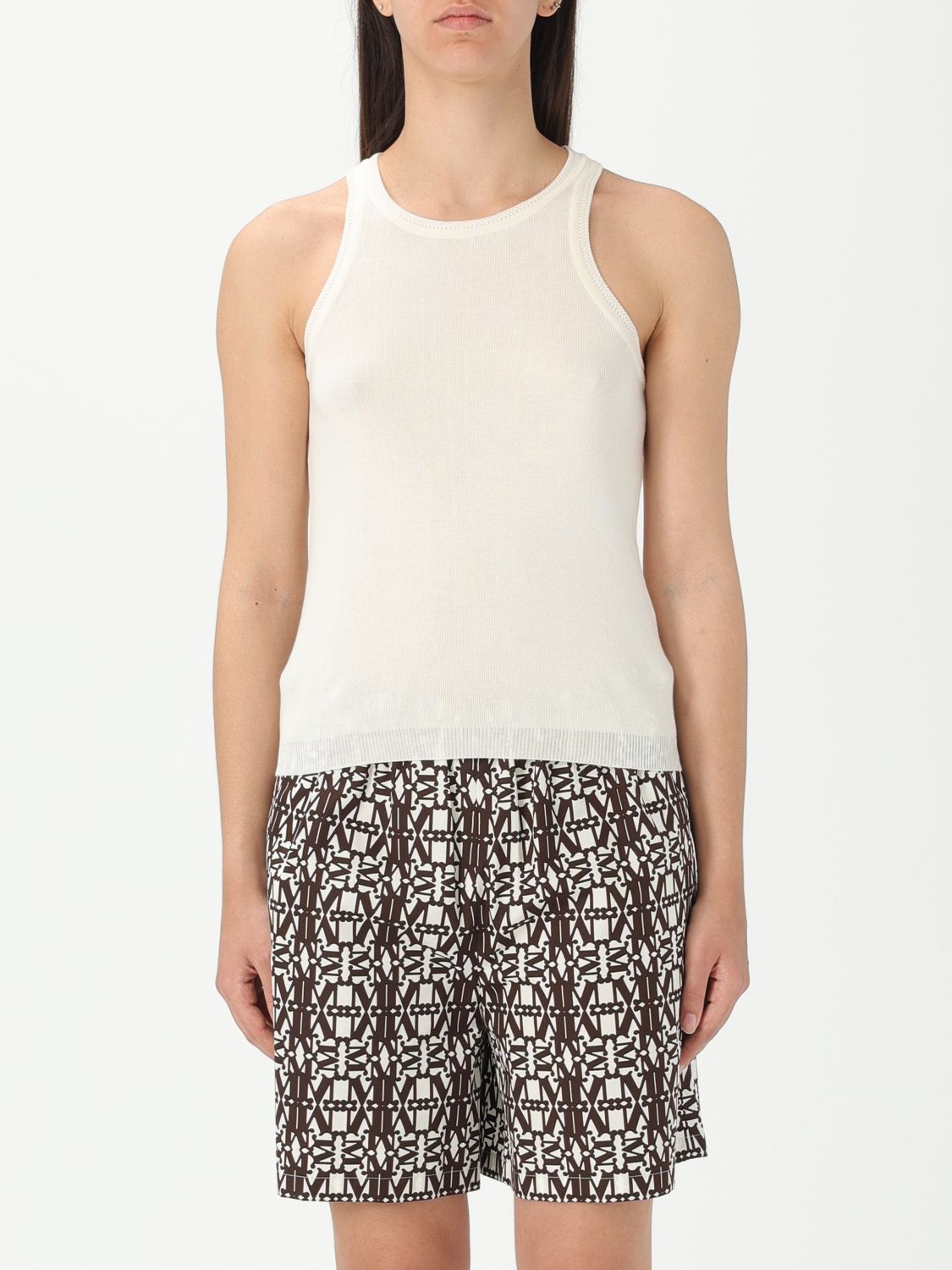 Max Mara Cotton Crew Neck Top With Ribbed Texture In アイボリー