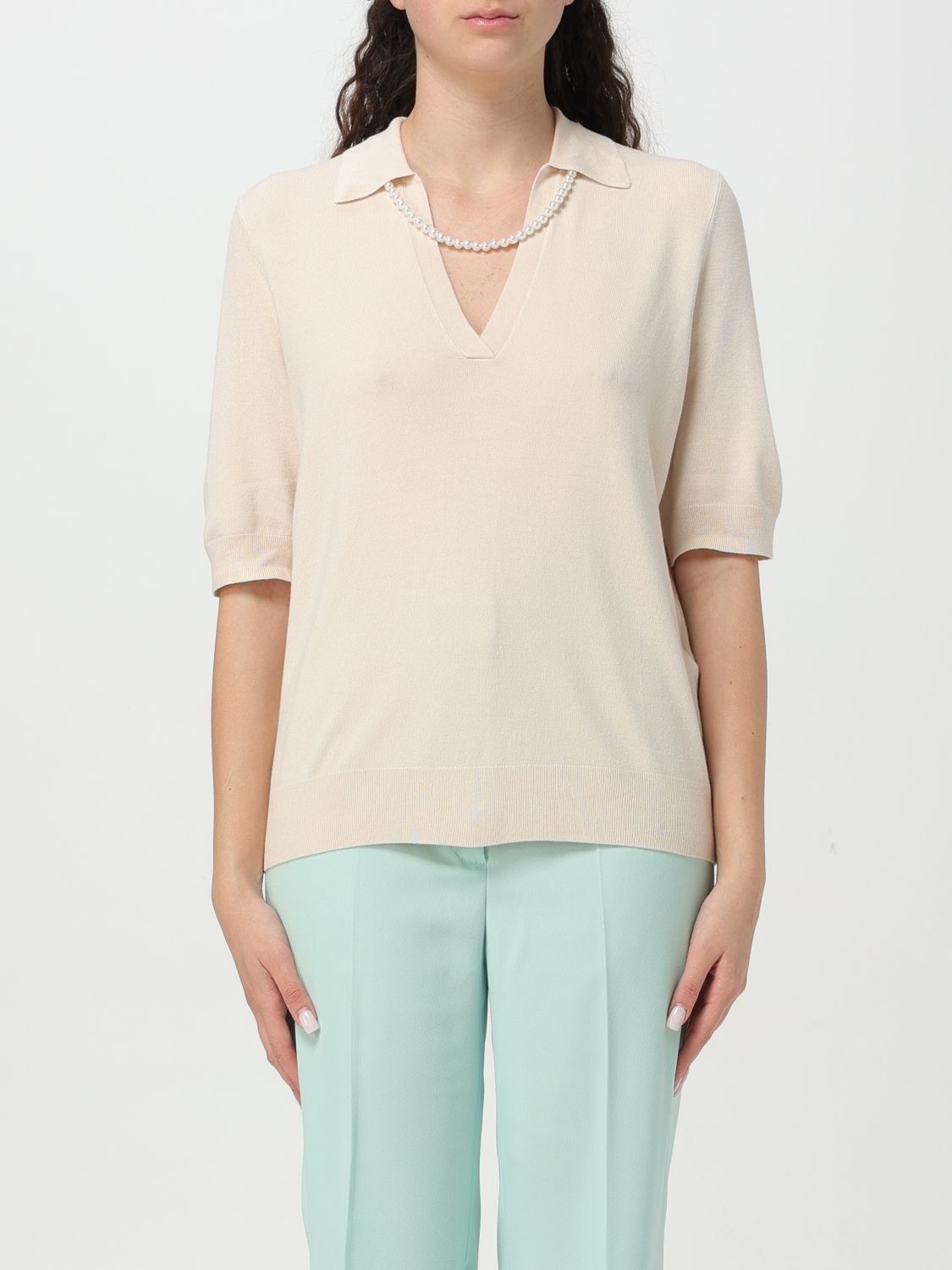 Liu •jo Liu Jo Pearl-embellished V-neck Knitted Polo Top In Beige
