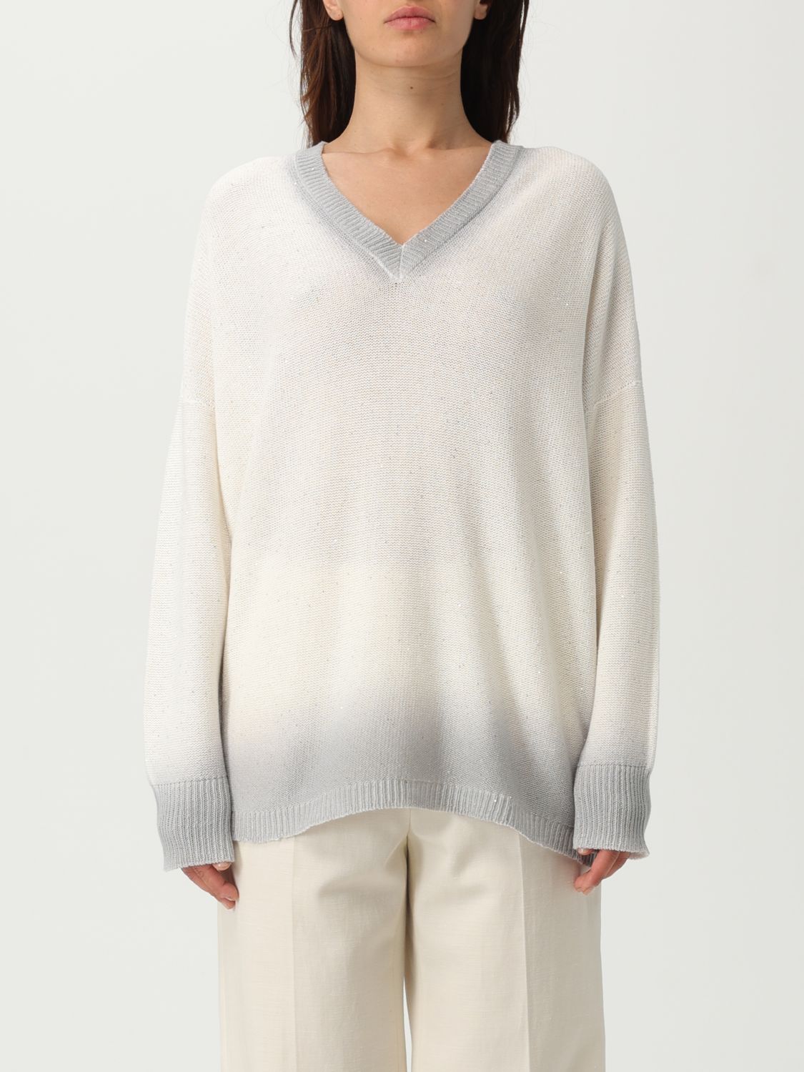 Fabiana Filippi Gradient Effect White Sweater With Deep V-neckline