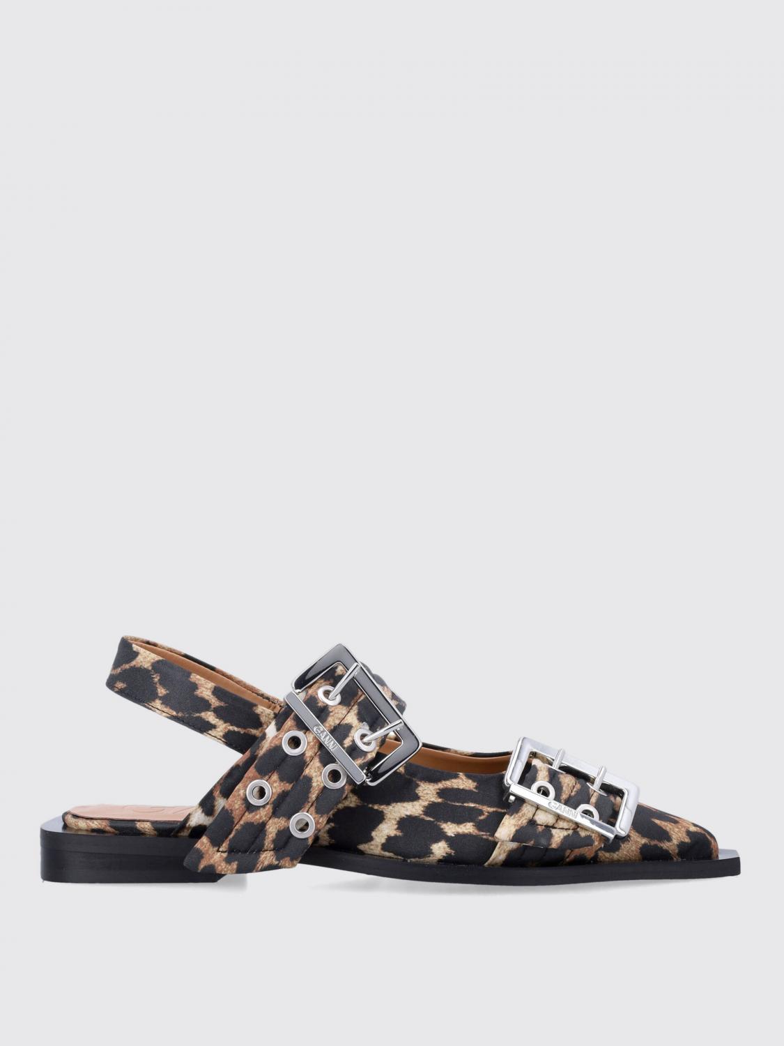 Ganni Multicolor Ballet Shoes With Double Buckle And All-over Leopard Print In Tech Fabric Woman In Braun