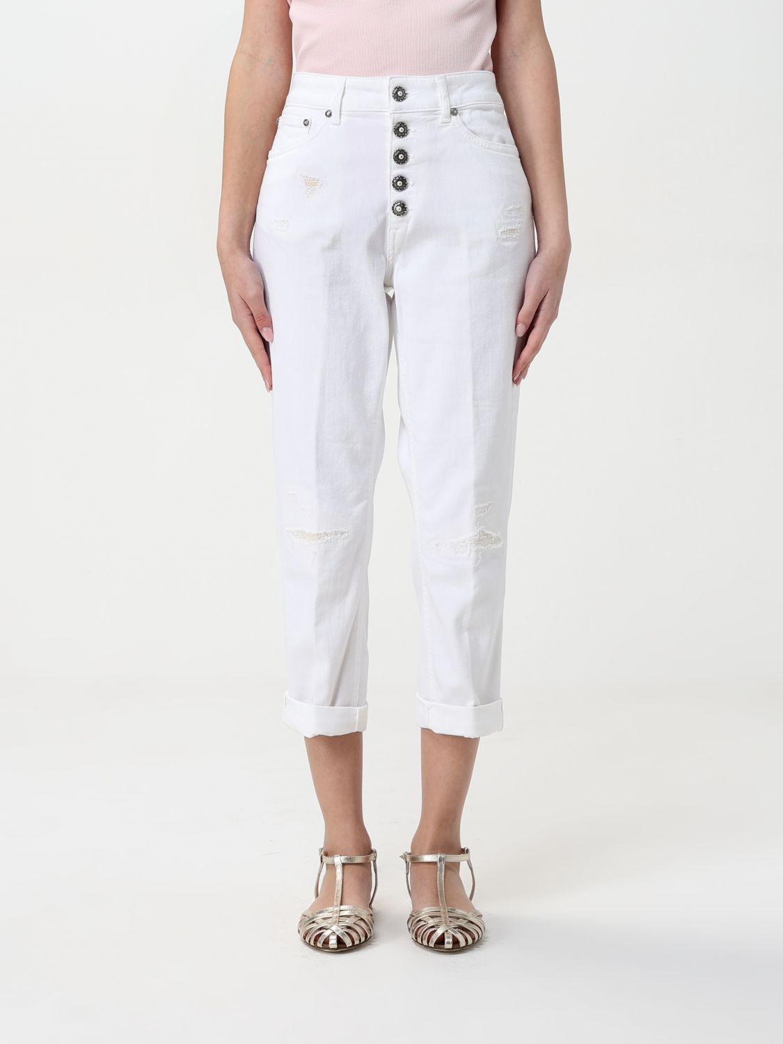 Dondup Cropped Cotton-blend Denim Jeans With Button Detailing In White