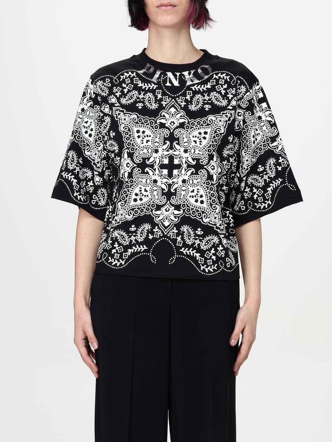 Pinko Crew Neck Paisley Pattern Short Sleeves Tops In Black