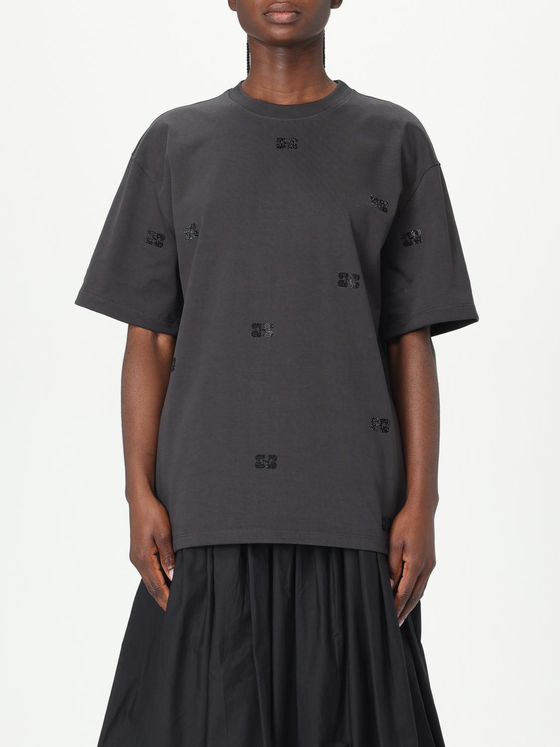 Ganni Black Cotton T-shirt With Rhinestone Embroidery In