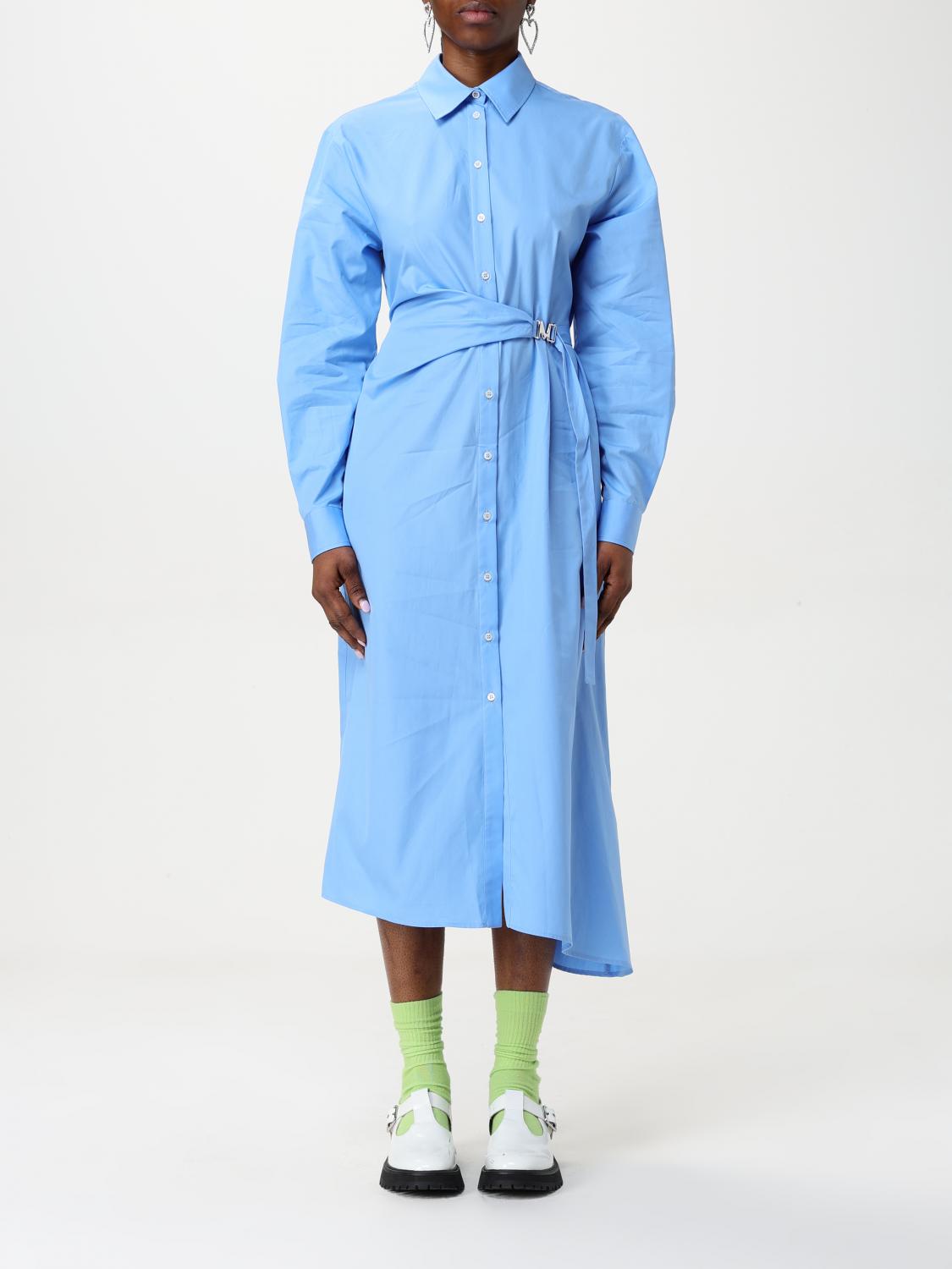 Msgm Belted Asymmetric Hem Dress In Blue