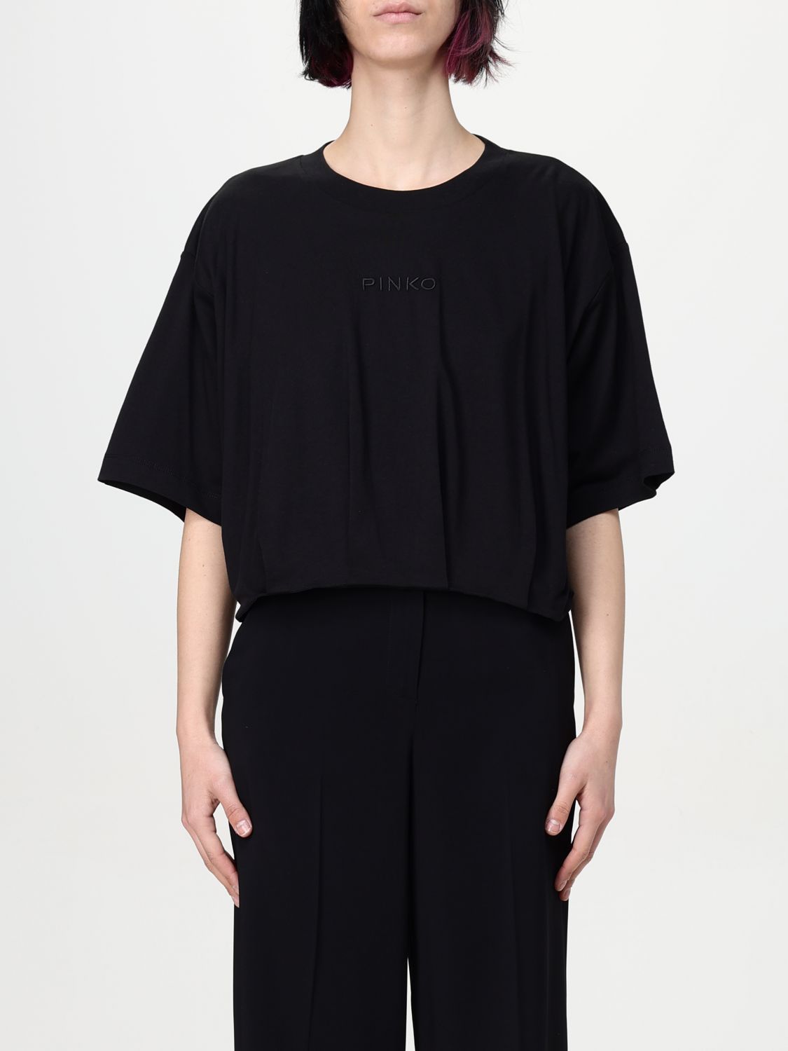 Pinko Black Crewneck Logo Cropped T-shirt In Black