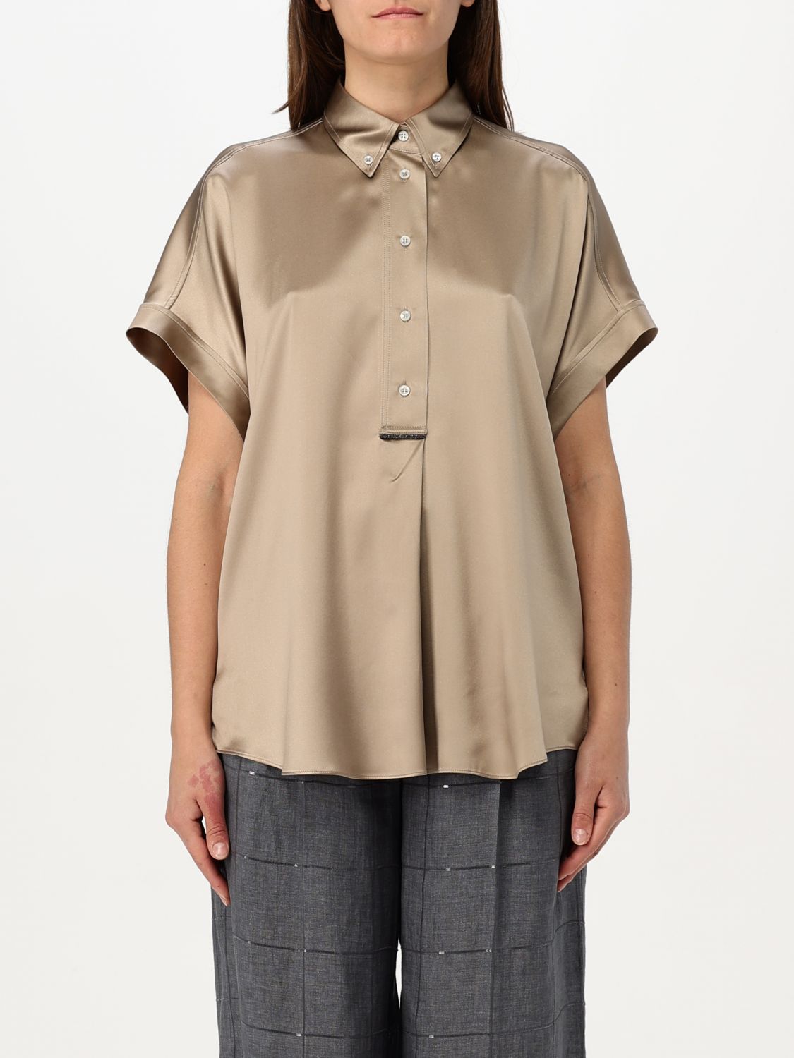 Brunello Cucinelli Jewel Embellished Silk Top In Kaki