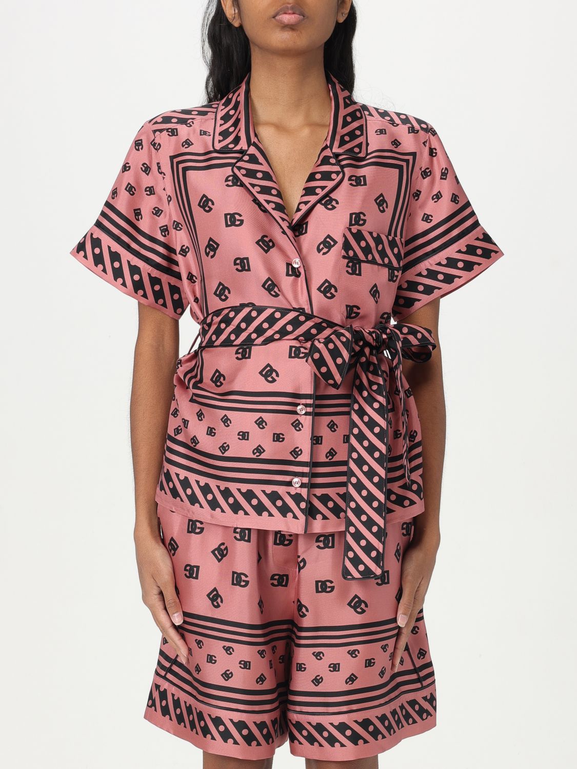 Dolce & Gabbana Pink Shirt With All-over Printed Dg Logo And Waist Belt In Silk Woman In Pink