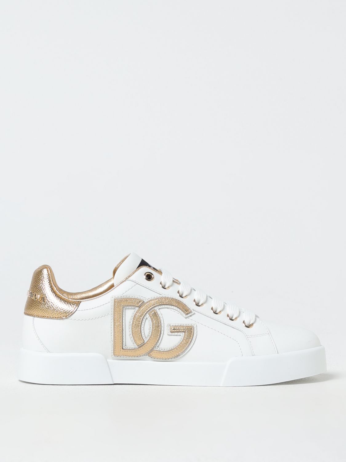 Dolce & Gabbana Portofino Logo Detail Leather Sneakers In White
