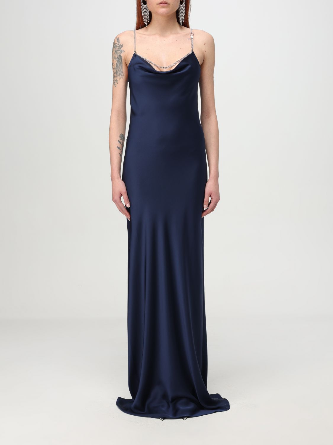 Rabanne Chain Strap Satin Finish Floor-length Dress In Navy