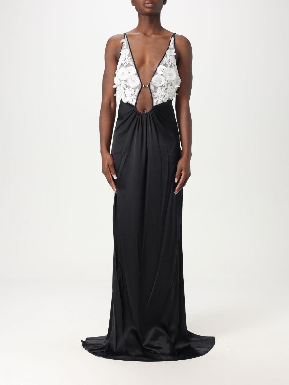 Elisabetta Franchi Cutout V-neck Floral Floor-length Sleeveless Dress In Ivory