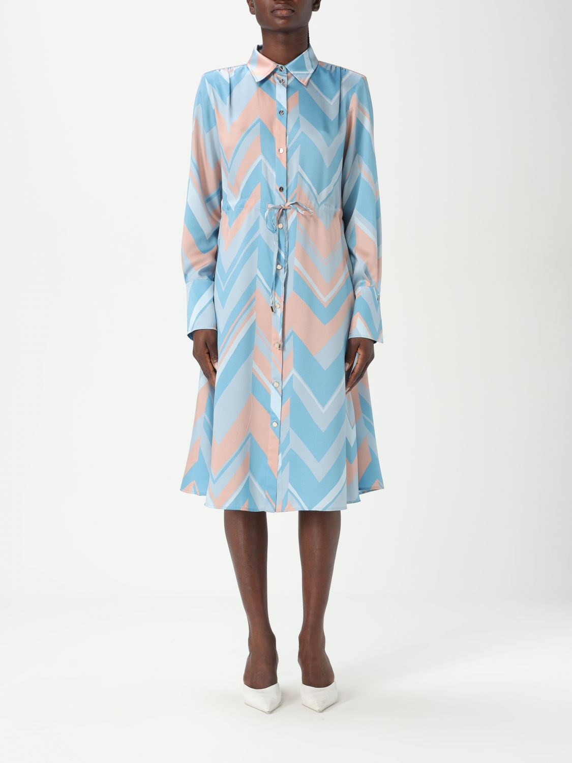 Liu •jo Liu Jo Chevron Pattern Midi Dress With Cinched Waist In Gnawed Blue