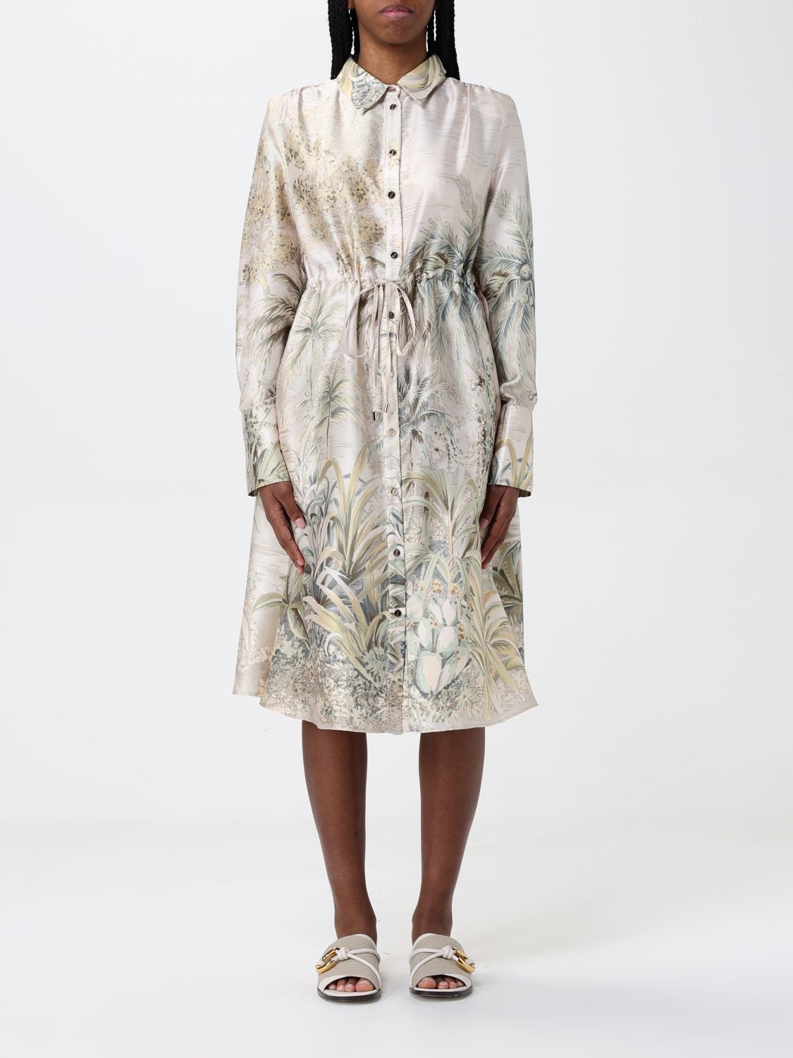 Liu •jo Liu Jo Printed Midi Dress With Belt And Bottons In Sand