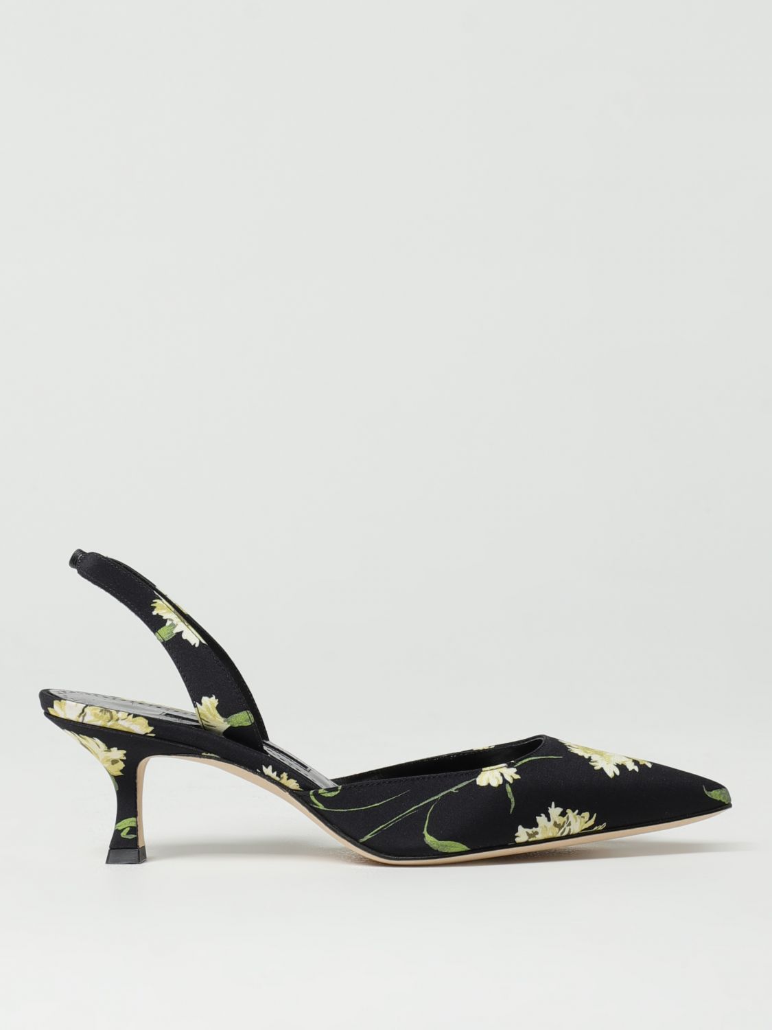 Manolo Blahnik Carolyne 50 Floral-print Satin Slingback Pumps In Black