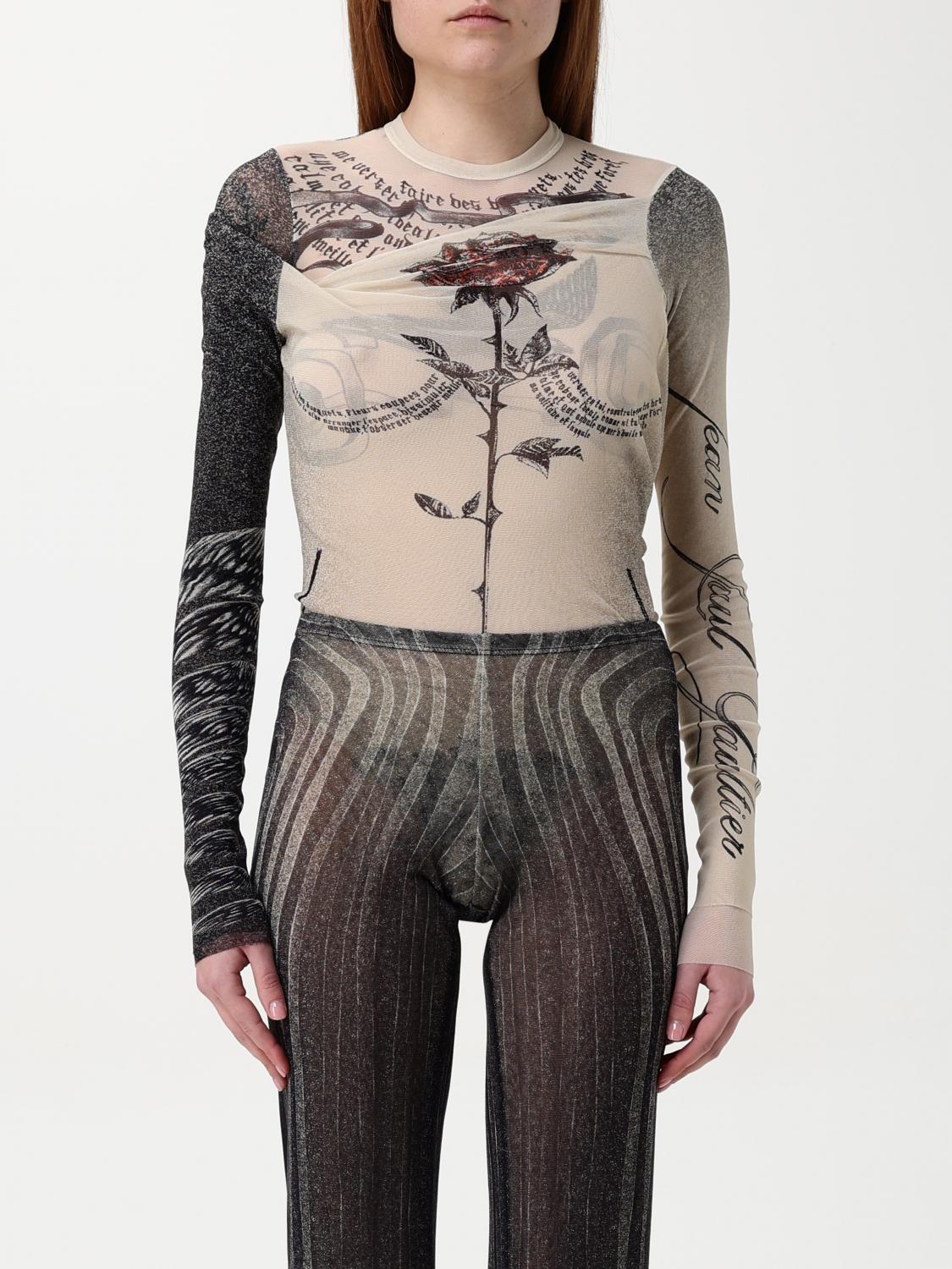 Jean Paul Gaultier Tattoo Print Cutout Double Layer Mesh Thong Bodysuit In Beige