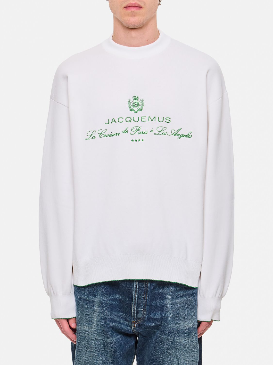 Jacquemus Crewneck Sweatshirt With Front Print And Ribbed Details In White