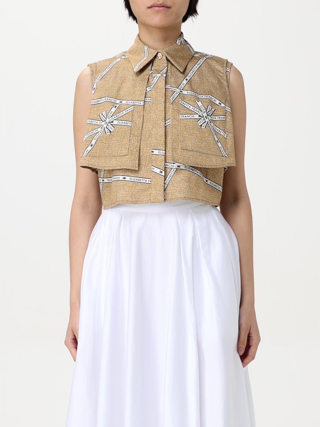 Elisabetta Franchi Cropped Beige And White Structured Shirt In Straw Yellow