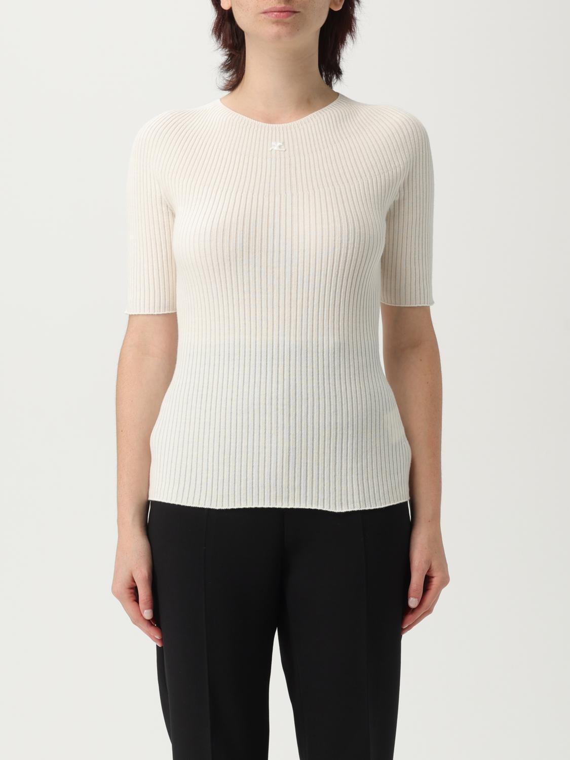 Courrèges White Ribbed Sweater In Cotton And Wool In Neutral