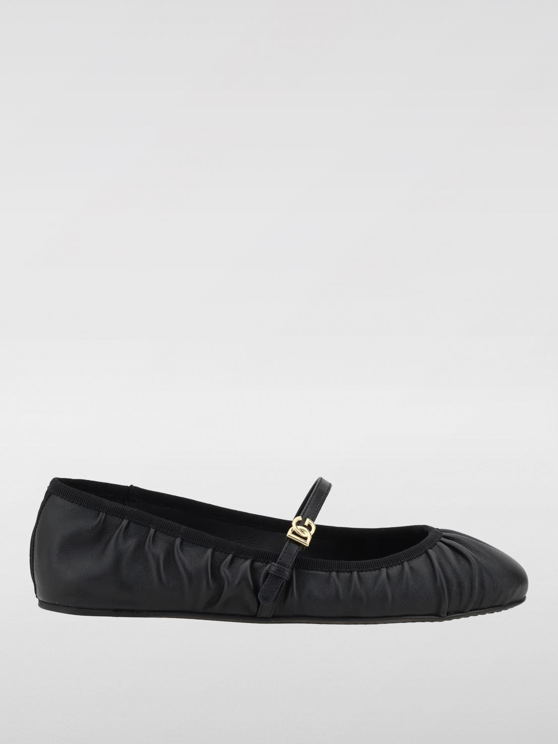 Dolce & Gabbana Black Ballerinas With Metallic Logo And Strap In Leather Woman In Black