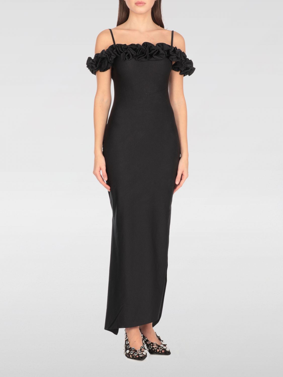 Coperni Zip Ruffle Off-the-shoulder Satin Midi Slip Dress