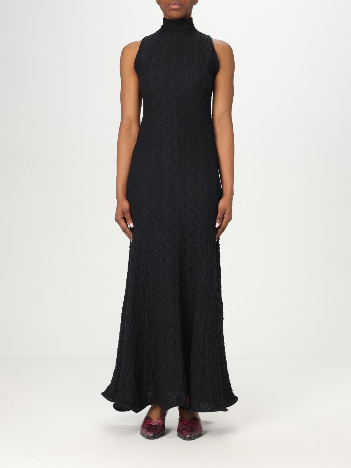 Msgm Maxi Dress With High Neck And Textured Fabric In Black