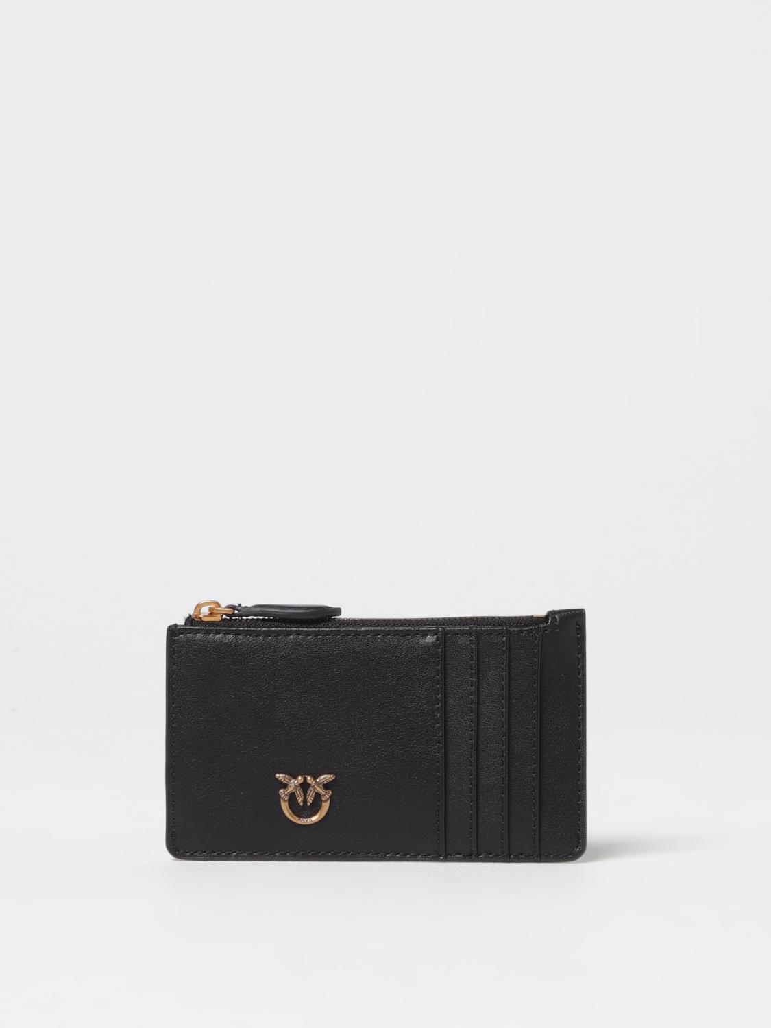 Pinko Rectangular Black Leather Clutch With Gold Emblem In Schwarz