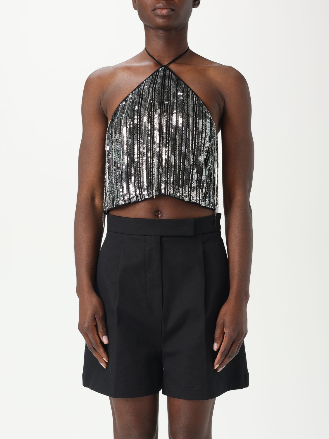 Pinko Sequin Fringe Halterneck Crop Top In Silver