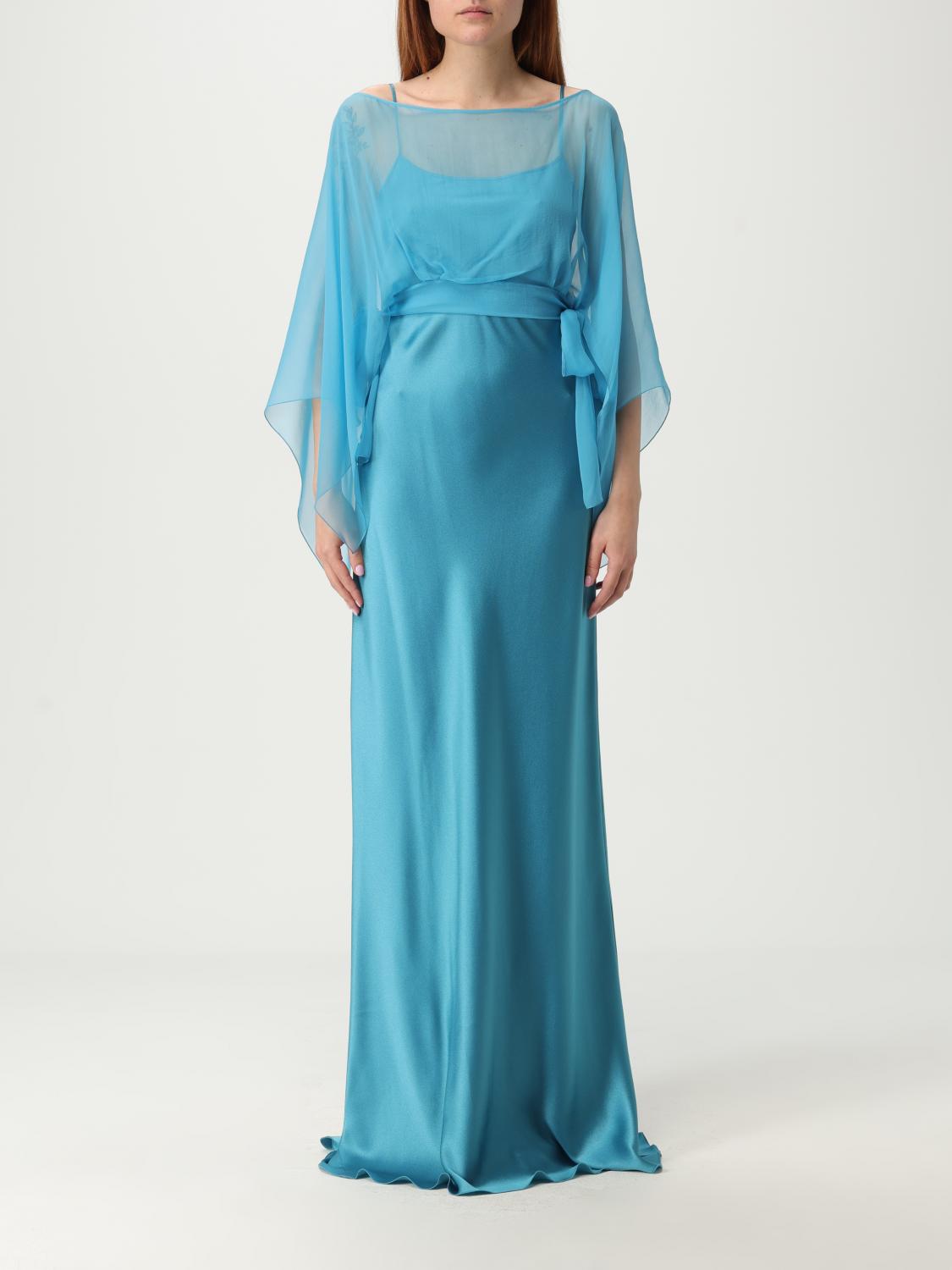 Alberta Ferretti Blue Long Dress With Layered Design And Upper Cape