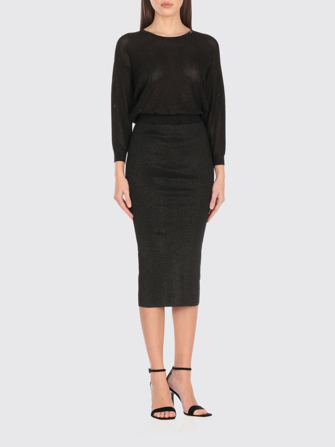 Elisabetta Franchi Black Viscose Midi Dress With Perforated Detailing