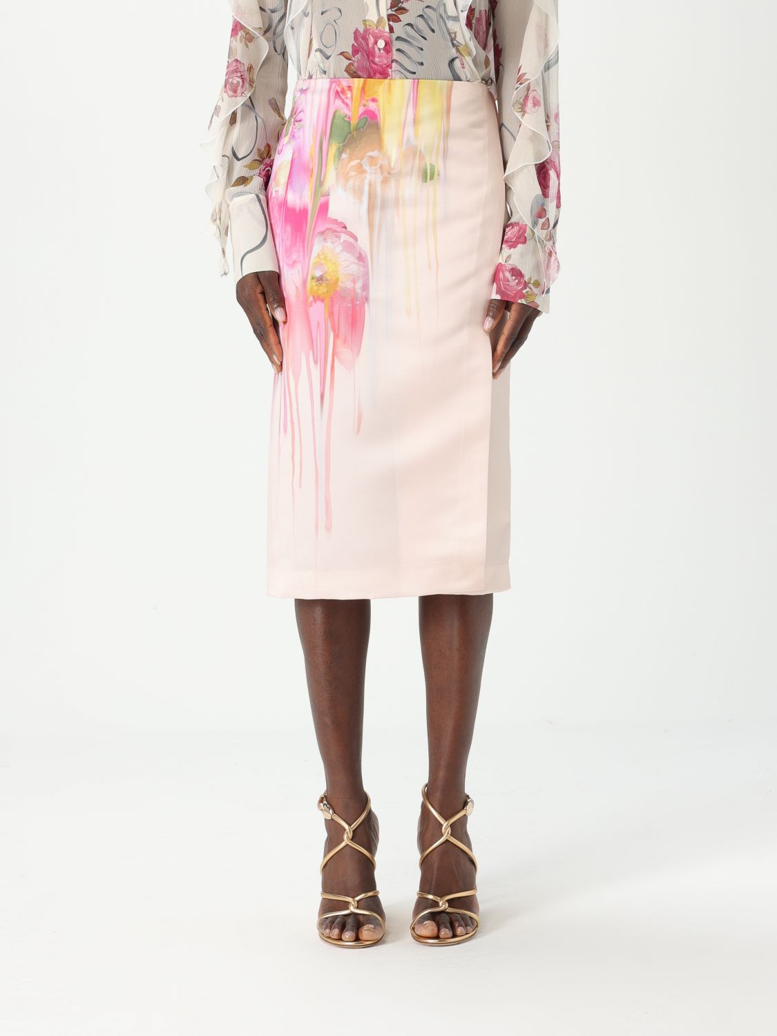 Blumarine Midi Skirt In Duchesse With Liquid Flower Print In Pink